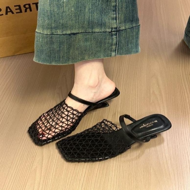 best seller Sepatu Wanita Vintage Menenun Jala, Sandal Wedge Jari Tertutup Wanita Musim Panas Gaya K