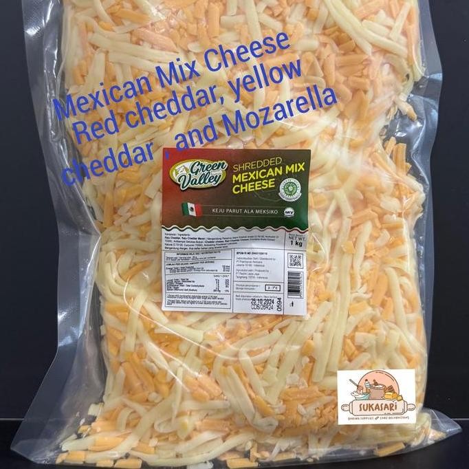 

Grosir Green Valley Shredded Mexican Mix Cheese 1Kg Pack Keju Orange Yellow Moza Mix