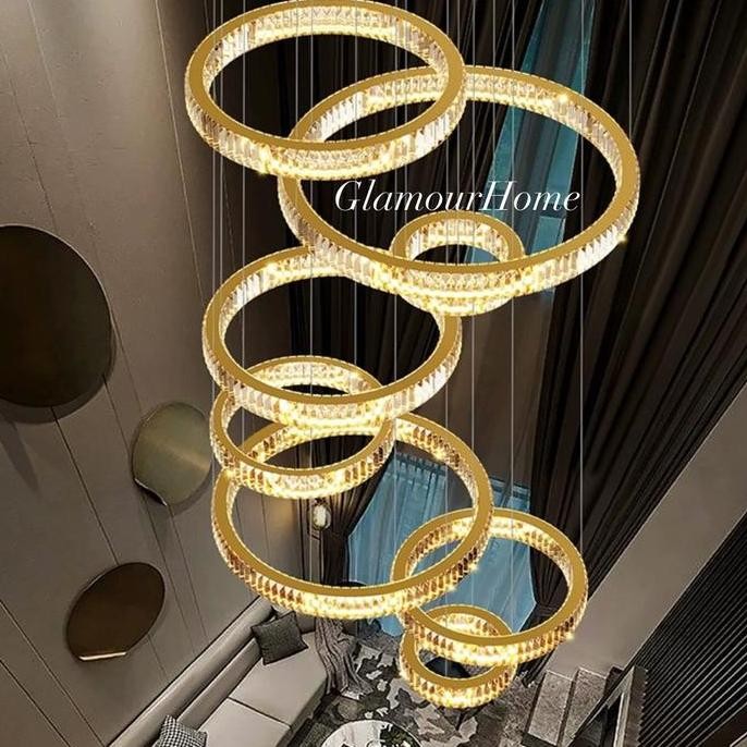Promo Lampu Gantung Led Ring Kristal Modern Minimalis / Luxury Chandelier Gold
