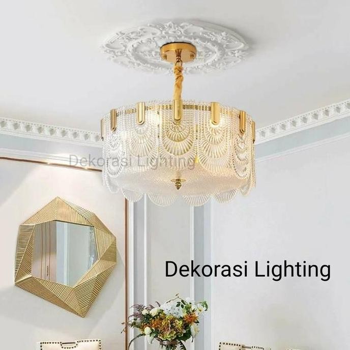 Lampu gantung kristal kaca 9 lampu gold mewah chandelier 1 susun dekor