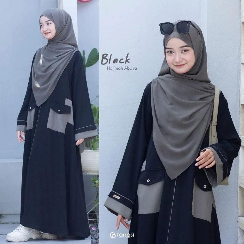 Gamis Muslim Halimah Abaya Anak Perempuan Remaja Cringkle Airflow Kombinasi Saku Abaya Spesial Remaj