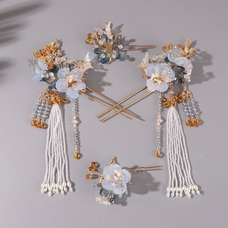 Hanfu Qipao Xiuhe Hair Accessories Set Glass Flower Hairpin