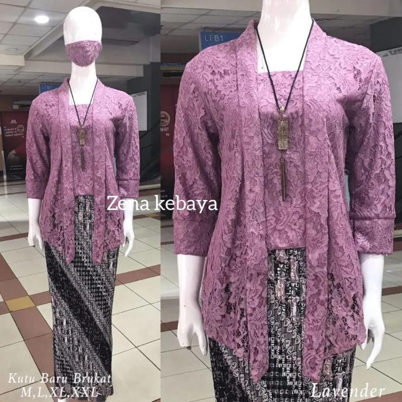 Setelan Baju Kebaya Kondangan Kutu Baru Brokat Modern ~ Set Pakaian Tradisional Lengan 7/8 Ungu Lave