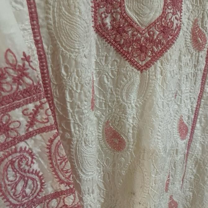 Laqueens One Set Kurta India Chikankari Putih Pink Pakistan Bordir Setelan Wanita Remaja Dewasa Leba
