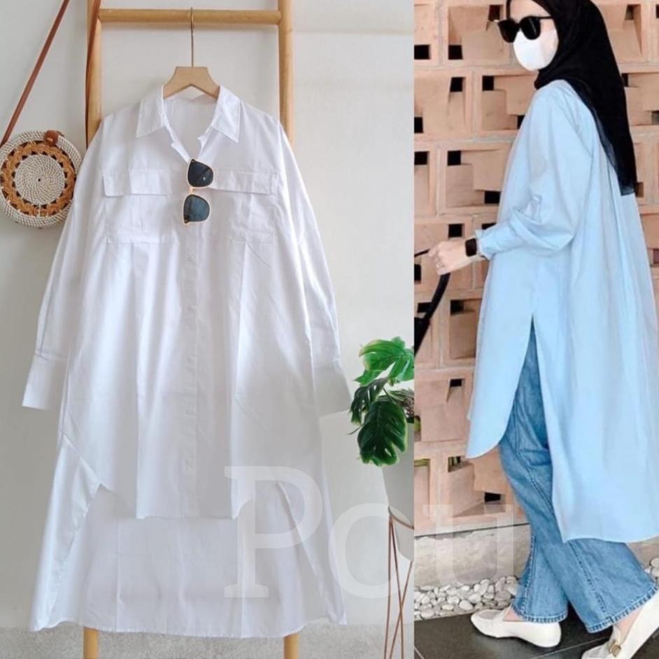 Spesial Long Tunik Polos Putih Dan U Kantong Dua Katun Lengan Panjang Long Tunik C Wanita Pou 2272