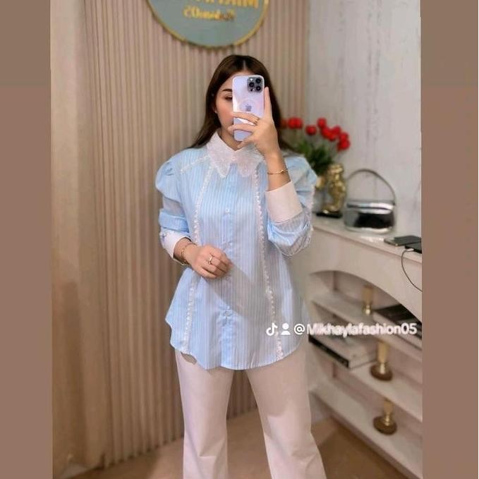 Kemeja Bloom Luna Kerah Renda Lengan Panjang Untuk Wanita - Atasan