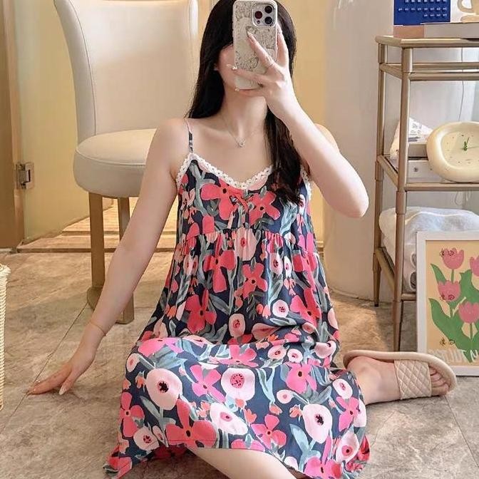 Daster Wanita Tali Tanktop Motif Floral Rayon Allsize