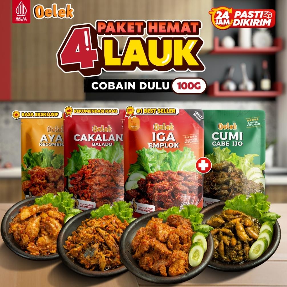

READY STOK Oelek Paket Cobain Dulu 4 Lauk / Iga Emplok / Cakalang Balado / Cumi Cabe Ijo / Ayam Kecombrang / Lauk Siap Saji Siap kirim