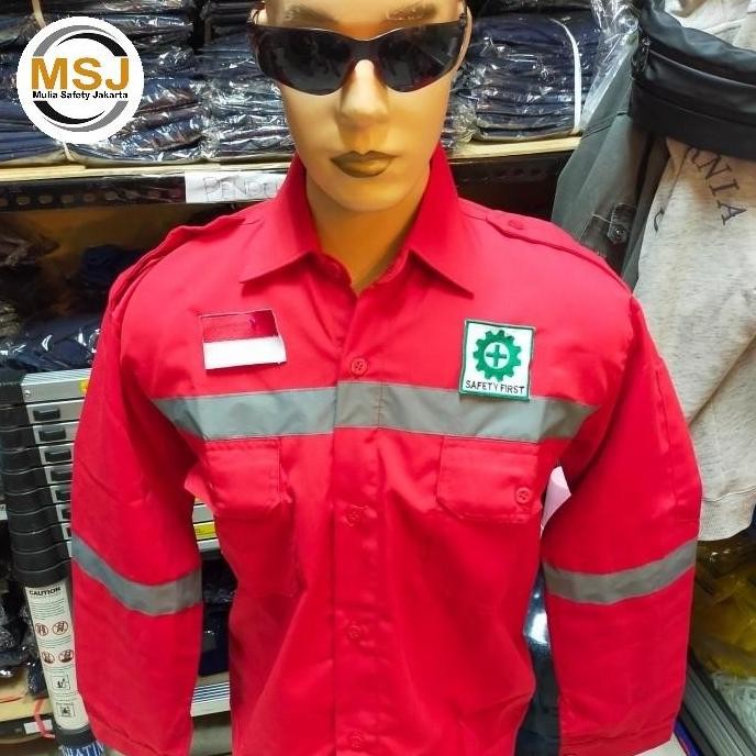 BAJU SERAGAM KERJA SAFETY MERAH / BAJU ATASAN KERJA SAFETY+ LOGO K3