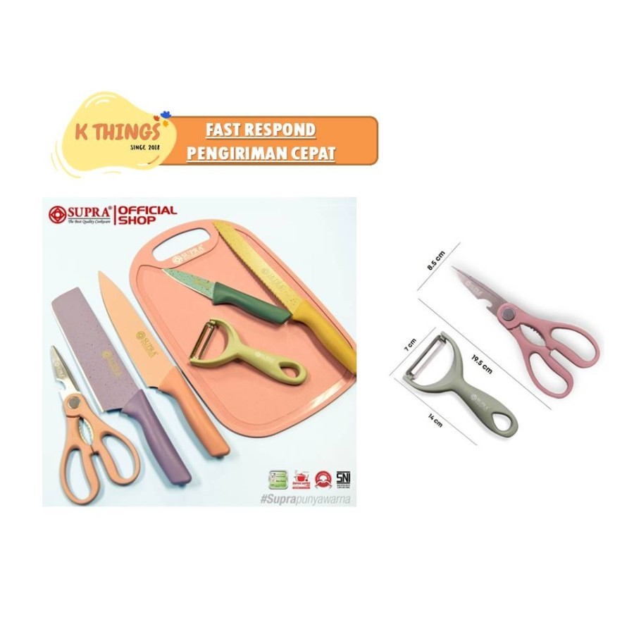 SUPRA Pisau Set Kitchen Knife Set Pastel Color Knife Stainless Steel dengan Talenan Gratis untuk Dag