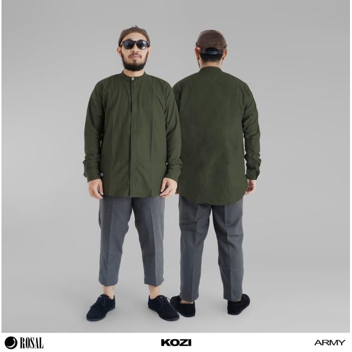 New 100% Originalll Kozi Rosal Hijau Army - Baju Koko Pria Lengan Panjang Bahan Katun Full Resleting
