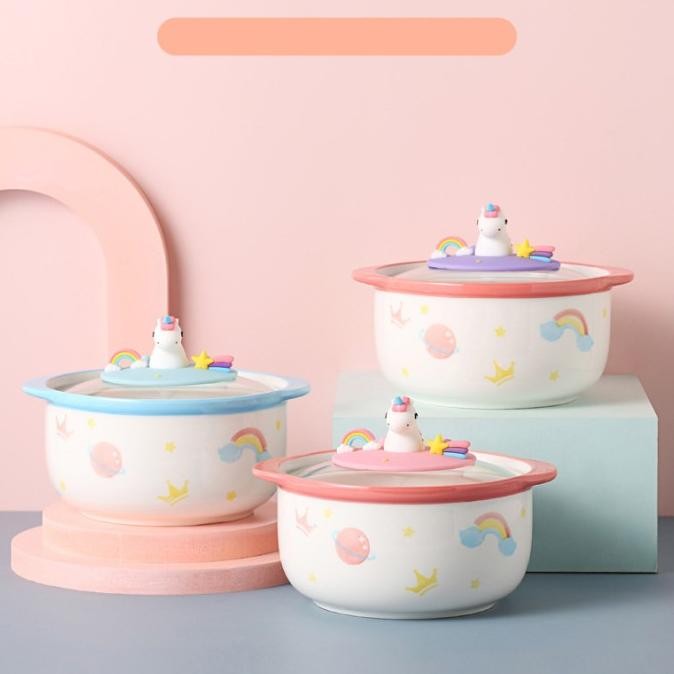 Siap Kirim Mangkok Saji Unicorn Keramik Tutup Kaca Model Panci Mangkuk Sup Lucu