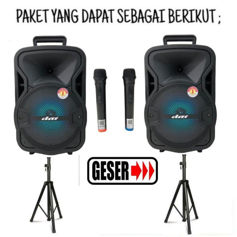 Paket Sound Aktif 2 Dat 8 Inch Mixer Karaoke Bluetooth 2 Mic Wireless Plus 2 Stand Speaker