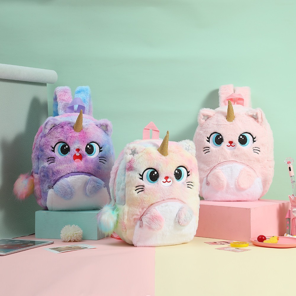 Tas Ransel Bulu Anak Perempuan Unicorn cat pom pom lucu kado anak perempuan tas bulu kucing tas bulu