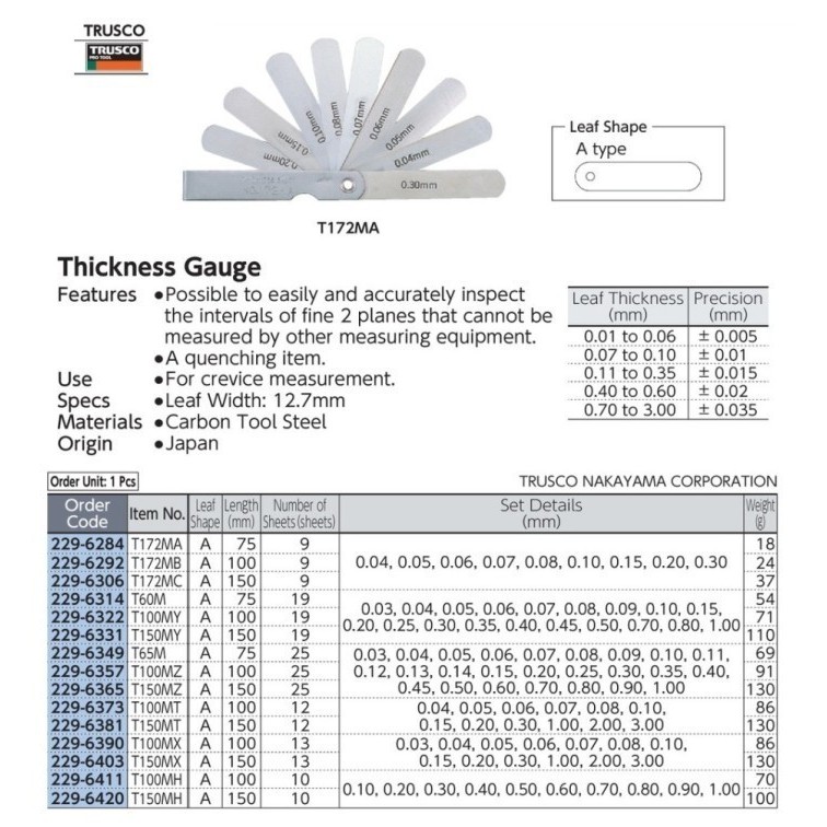 Feeler Gauge, Fuller Gauge 6 Inch 13 Blades 0.03-3.00 TRUSCO T150MX