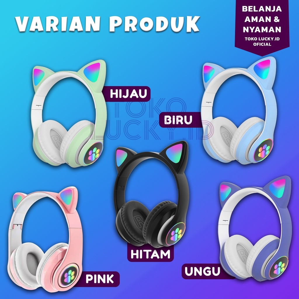 Headset Bluetooth Anak Karakter Kucing Lucu Headphone RGB LED Extra Bass Blutut 5.0