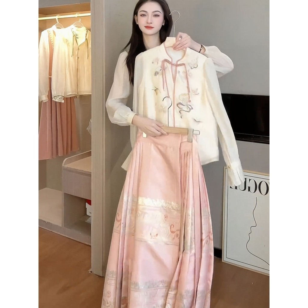 Hanfu Perempuan Pony Skirt Suit Pony Skirt Harian Baru Gaya Cina Kancing Kemeja Pink Pony Skirt Sete