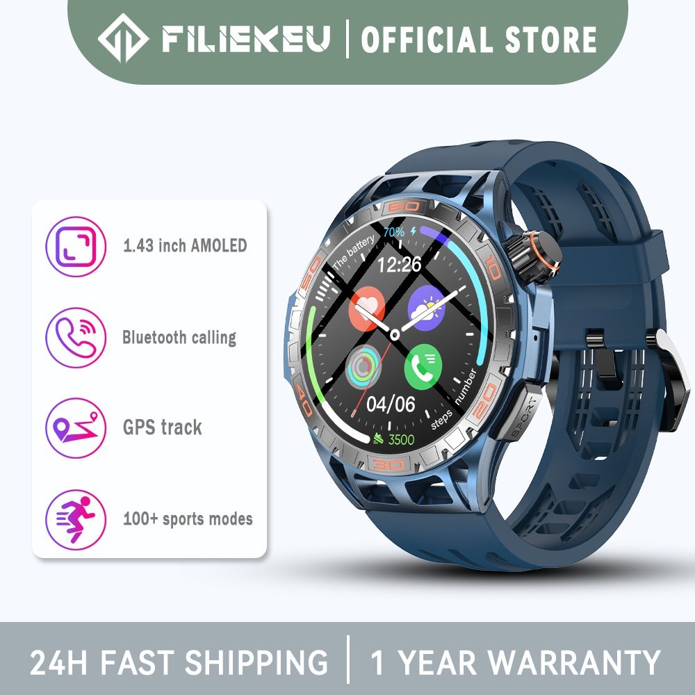 Jam tangan pintar FILIEKEU untuk pria 1,43 inci AMOLED olahraga tahan air panggilan bluetooth pemant