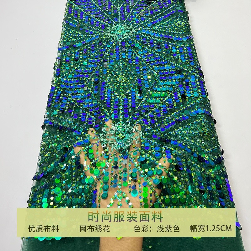 Kain Kasa Renda Biru Perancis Gaun Bordir Berlian Skala Ikan Payet Besar Warna-warni Kostum Pernikah