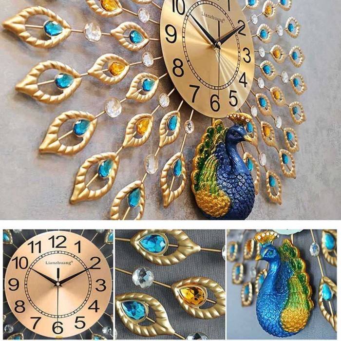 Jam Dinding Besar unik bulu merak Quartz Clock Diamond Peacock