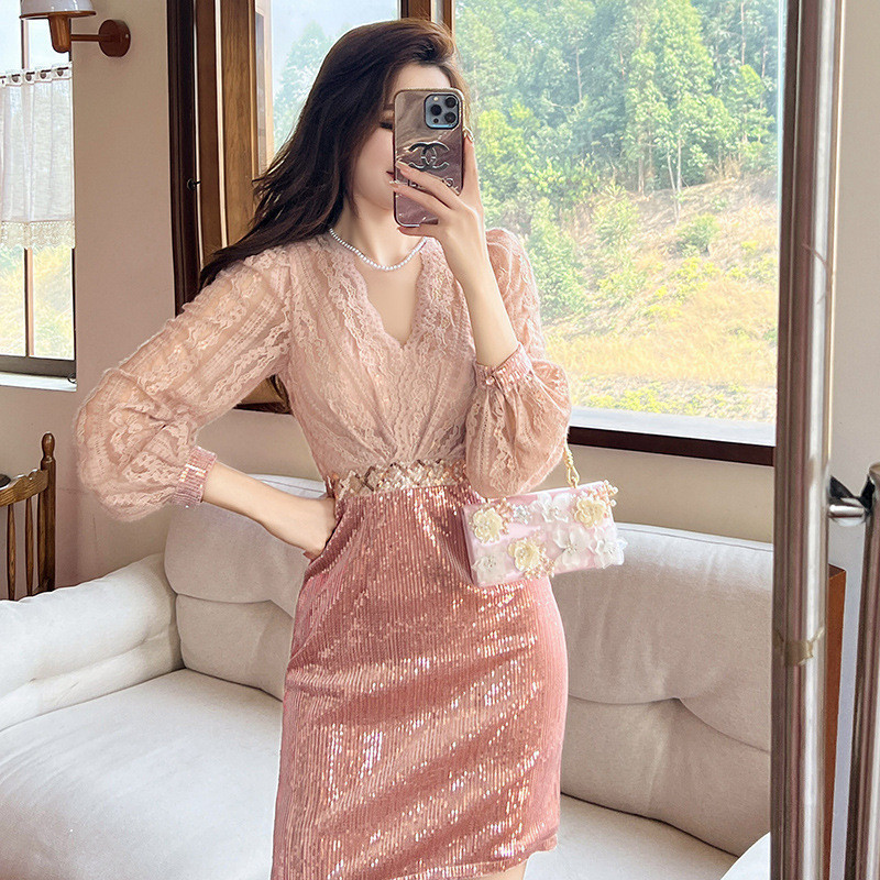 20246 Dress leher V wanita, gaun payet jahitan renda 20919