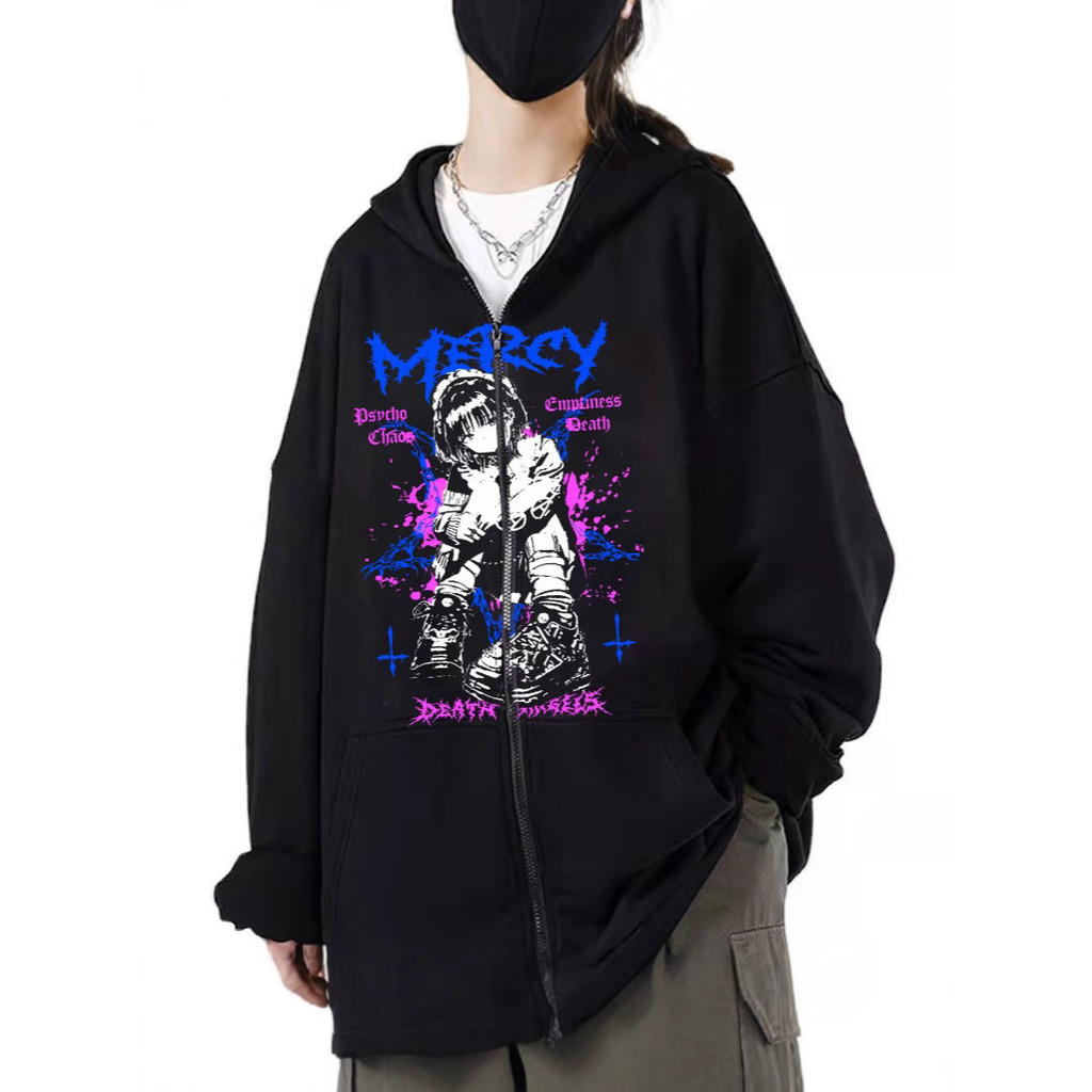 2024New European Size Women's Drop Shoulder Sleeve Ribbed Japanese Anime Afterlife Hoodie Sweatshirt