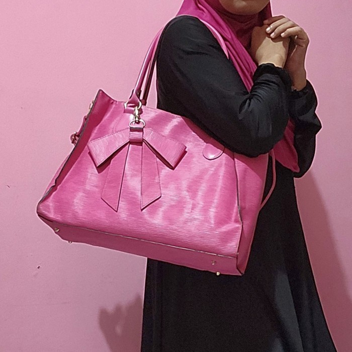 Preloved Dima Borsa Korea Tas Tote Selempang Kerja/Kantor Big Kulit Tebal Pink Fuchsia 15 Inch Good