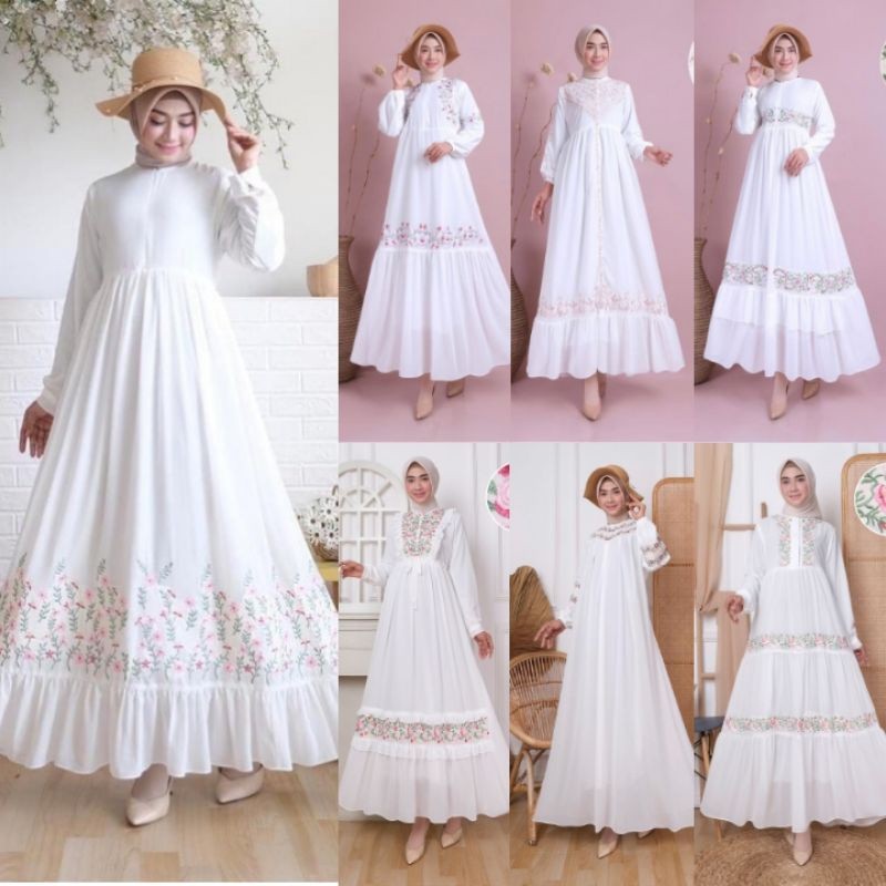 GAMIS PUTIH / GAMIS CERUTY RENDA / GAMIS PUTIH BORDIR BUNGA / GAMIS CERUTI BORDIRAN PROMO