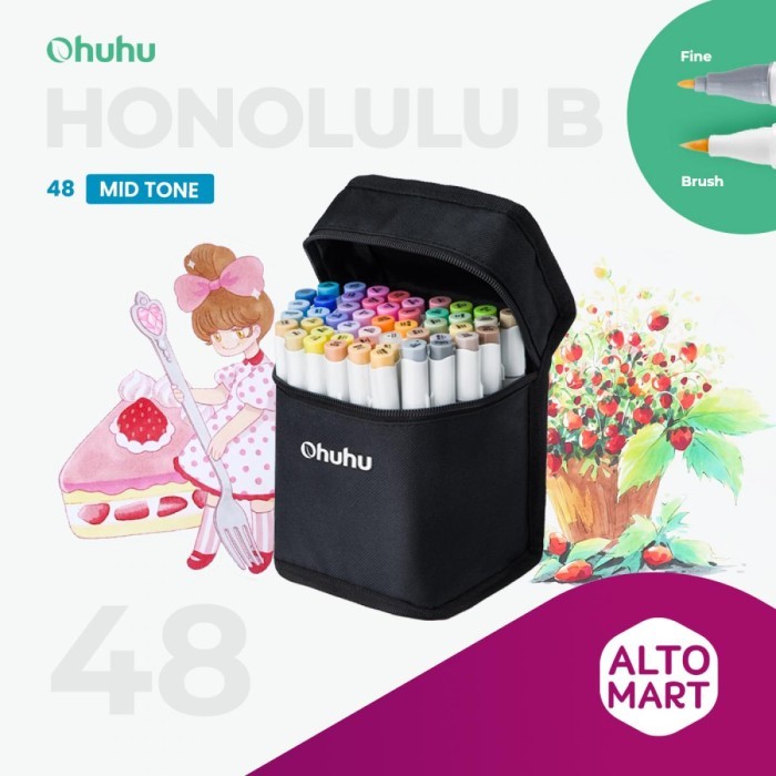 

PROMO! OHUHU Honolulu B Mid Tone 48 Colors BRUSH & FINE Dual Tip Art Marker Alcohol Water color