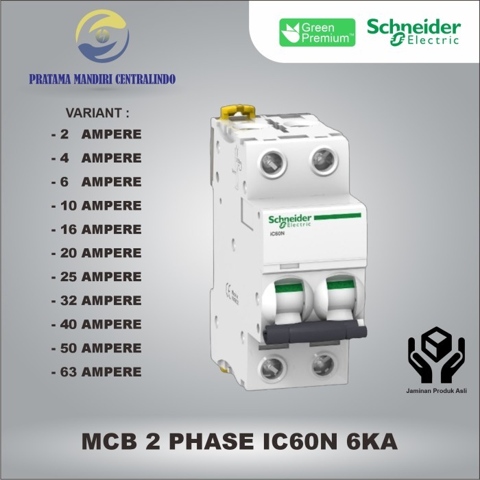 Mcb 2 Phase Ic60N 6Ka Schneider 2 Pole 2P - 2 Ampere S.D 63 Ampere Ori