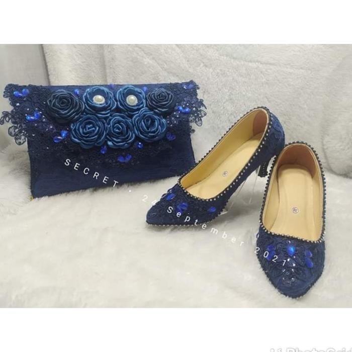 Best Seller Set Tas Pesta + Sandal Kondangan Seserahan Brokat Bunga Cantik Biru Navy