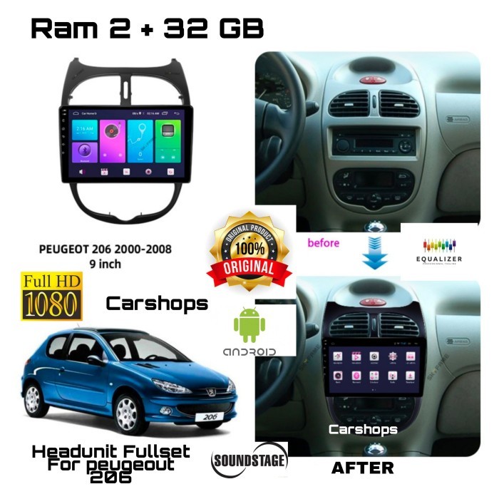 Headunit Android 9 Inch Peugeot 206 Ram 2/32 GB Frame + Kabel Pnp