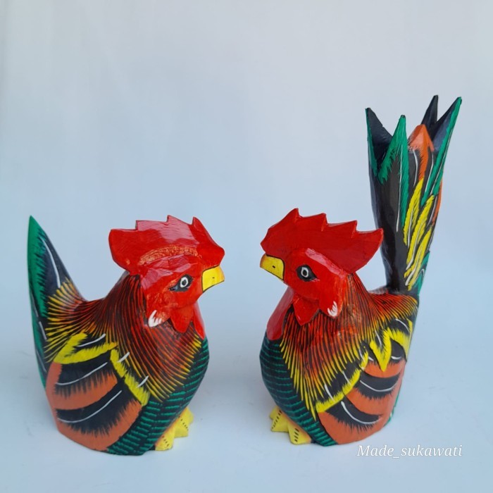 .........] Patung kayu sepasang ayam jantan betina jongkok mini kerajinan Bali