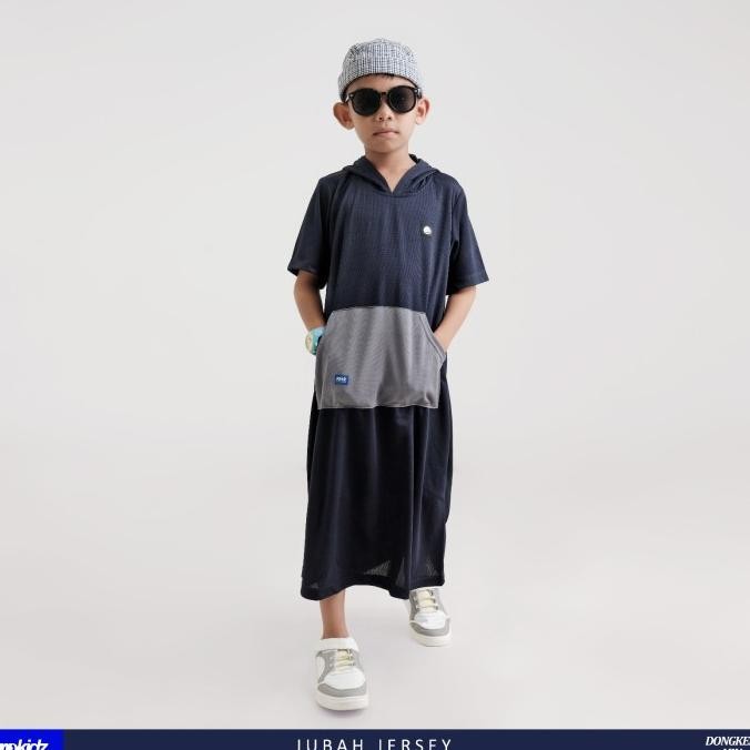 Jubah Jersey ROKIDZ Dongker-Abu, Baju Jubah Gamis anak laki-laki lengan pendek polos hoodie bahan ka
