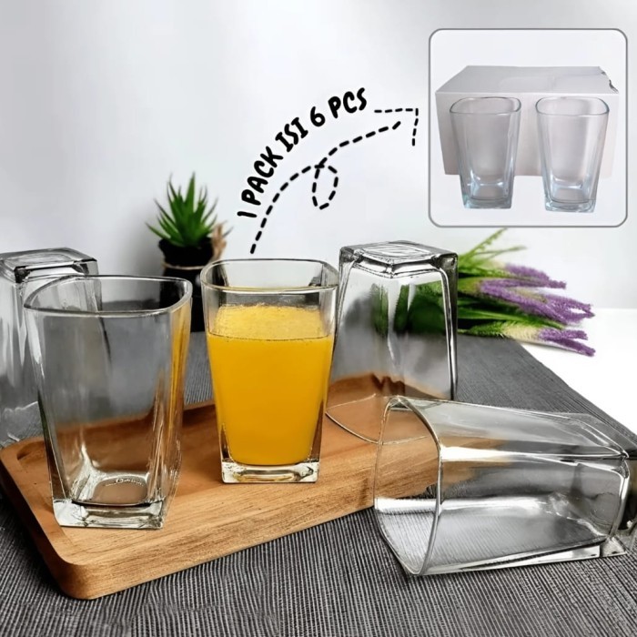 ] Gelas Kaca Beling Bening Segi Persegi Kotak Gelas Minum Air Elegant Unik Saji Teh Kopi Susu