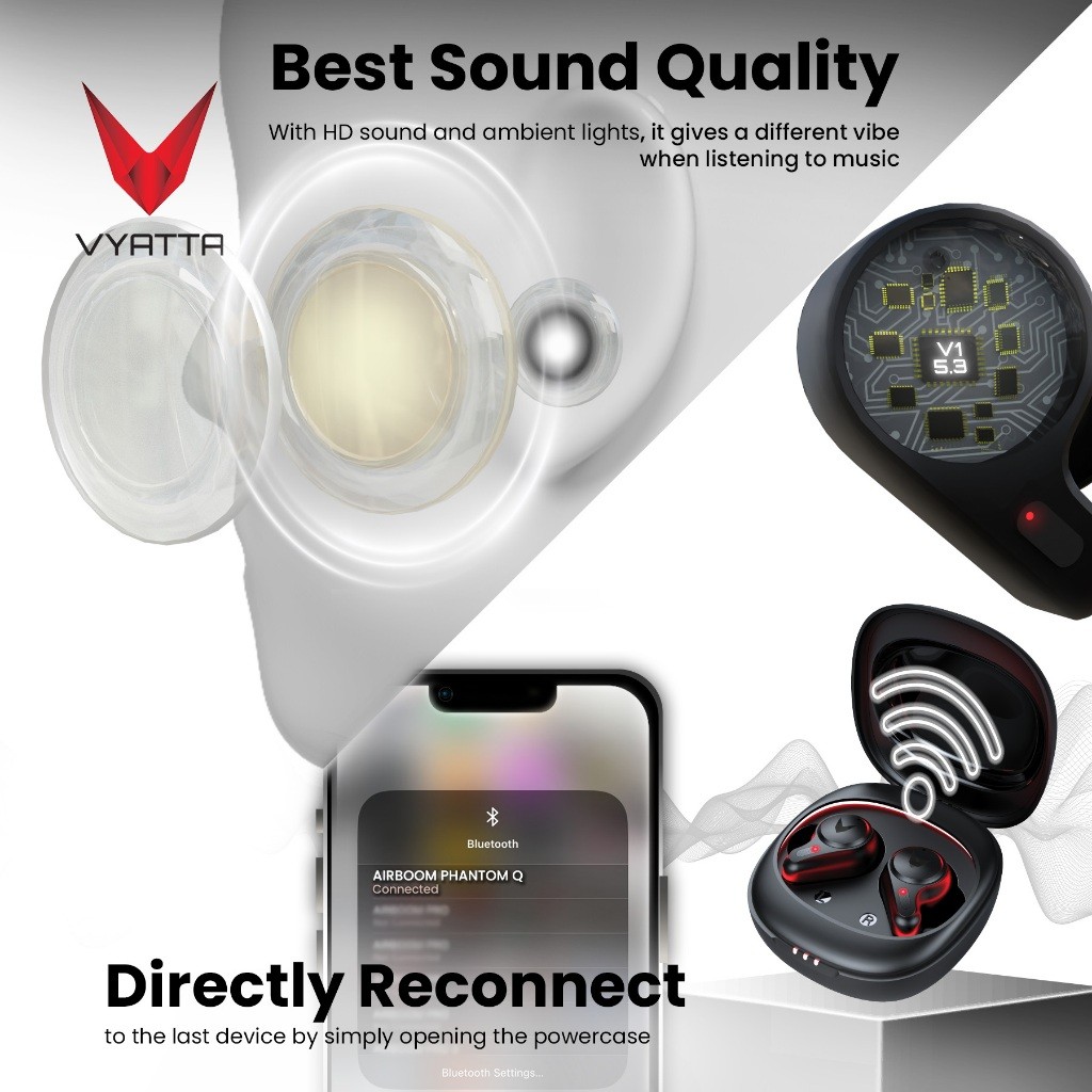 [CUCI GUDANG] VYATTA AIRBOOM PHANTOM Q TWS BLUETOOTH HEADSET EARPHONE GAMING PREMIUM AMBIENCE LIGHT