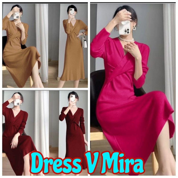 Casual Terusan Wanita Midi Dress Polos V Mira