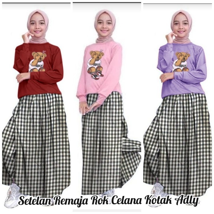 Baju Setelan Muslim Anak Perempuan Set Remaja Rok Celana Kotak ADLY