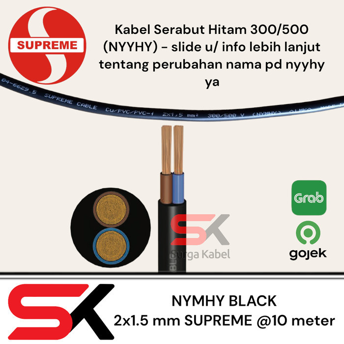 

NYYHY 2x1.5 mm/ NYMHY BLACK 2 x 1.5 mm/ KABEL SERABUT SUPREME @10 mete
