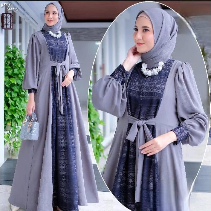 gamis set hijab terbaru 2024 Malika Dress syar'i Modern Bahan Crincle Mix Brukat Malika Jumbo mewah