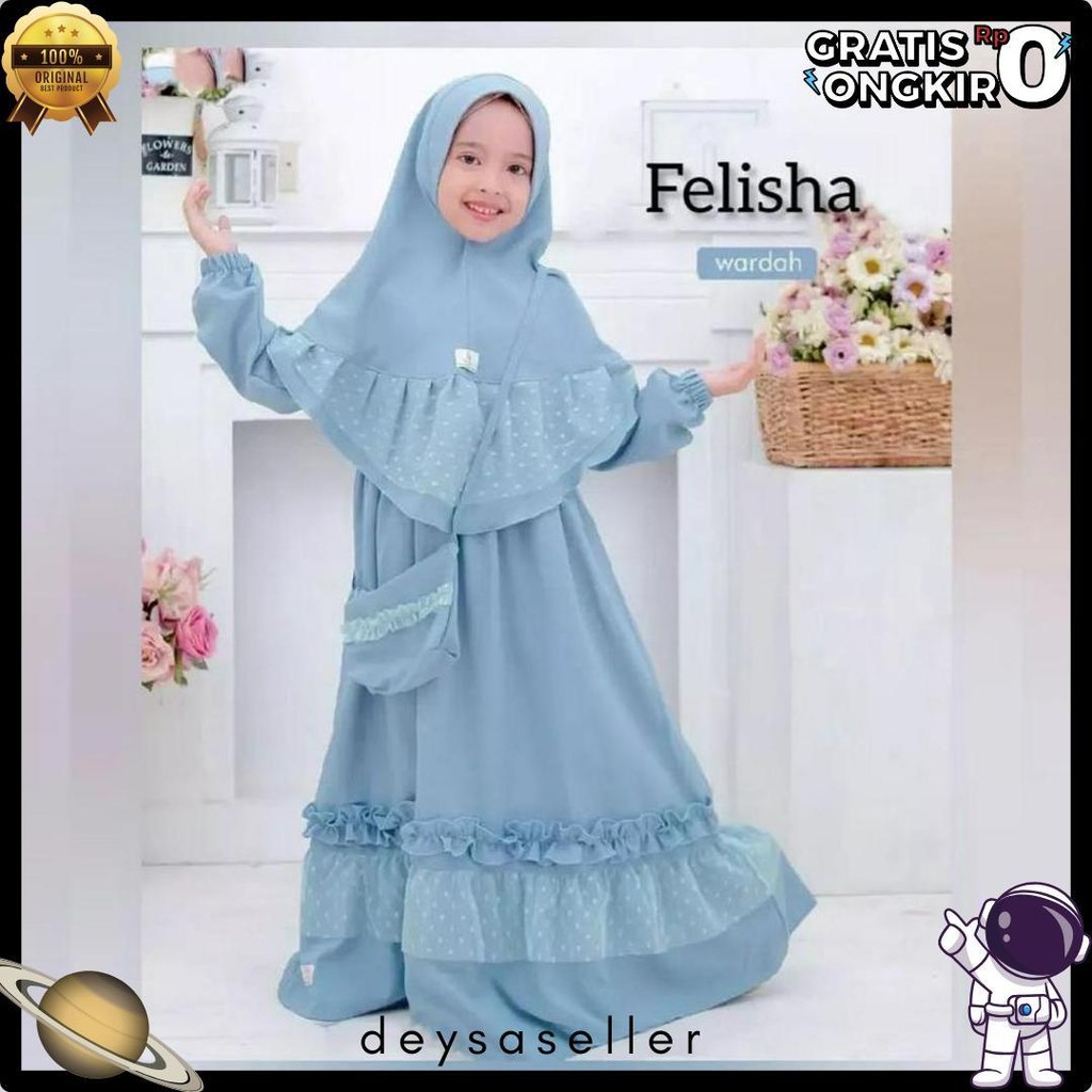 Baju Anak Perempuan Felisha Syari Kids Mc Bahan Shakila Mix Tile Dot Gamis Set Hijab Anak Perempuan 