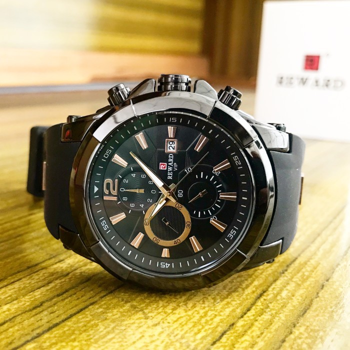 Jam Tangan Cowok Pria Original Ori Analog Rubber Reward Bayonet Black