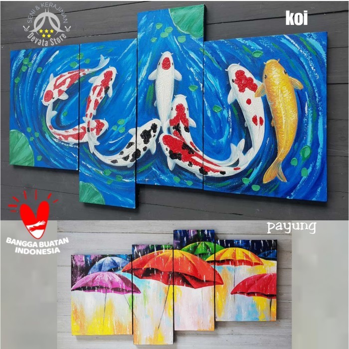 Lukisan Besar Ikan Koi Fengsui 9 Ekor Hiasan Dinding Payung Full Color