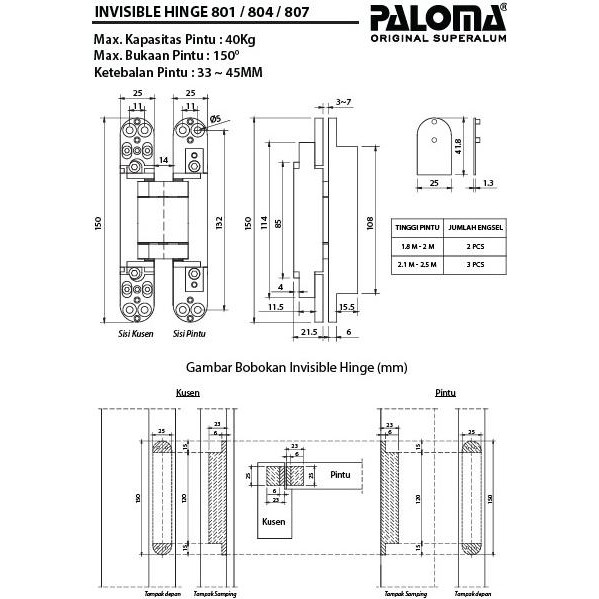 Engsel Hinge Paloma Concealed P40 Na #Engsel Tanam Pintu / Ihp 801 Original Dan Terpercaya