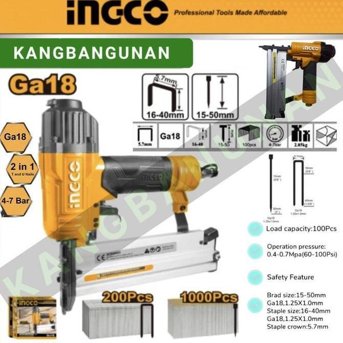 

Promo 2-in-1 Combo Air Brad Nailer INGCO ACN50401 Staples Paku Tembak Angin COD