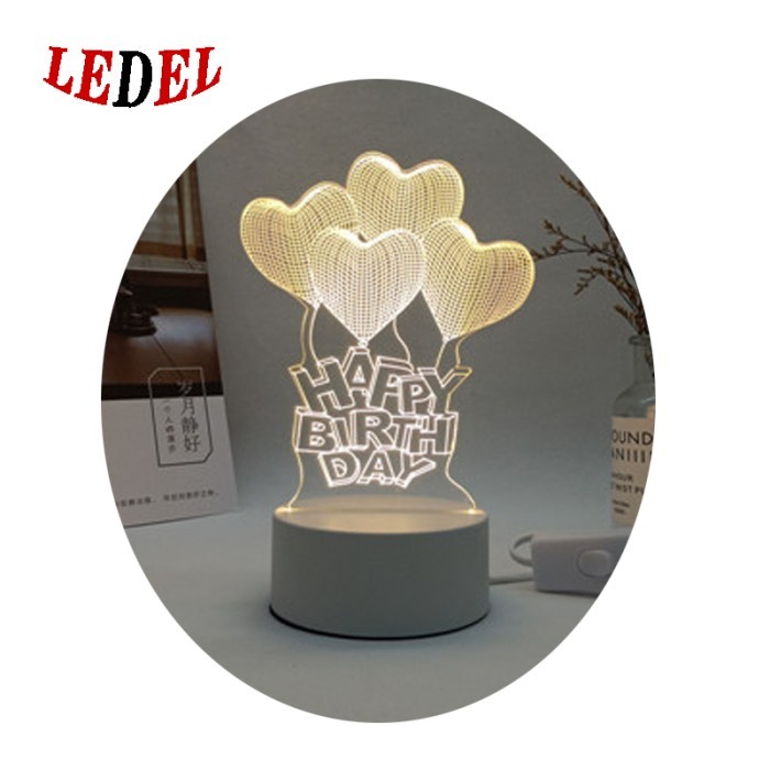 Lampu Tidur Hias Led 3D Transparan 3 Lampu Allah Happy Birthday