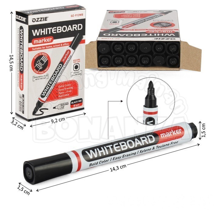 

[Bonanza] Grosir 12 Pcs Spidol Hitam Ozzie Whiteboard Marker Peralatan ATK