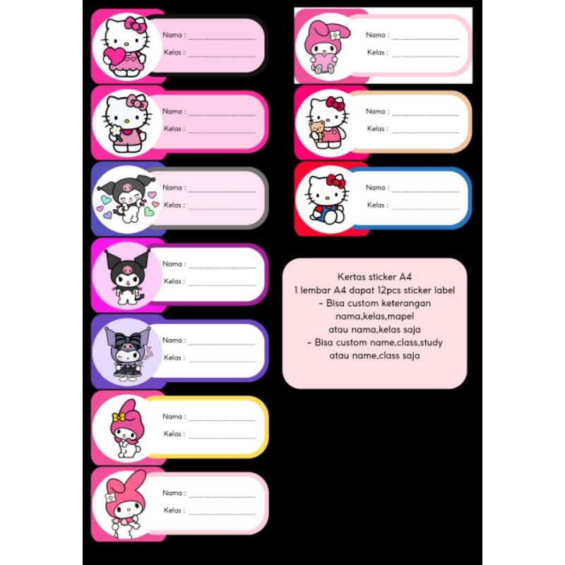 

Sticker label buku anak Hello Kitty Kuromi Melody
