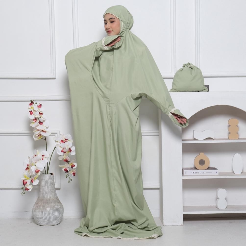 Ready Arbifa | Promo Mukena Terusan Dewasa Amera Traveling Jumbo Dewasa Polos Renda Rajut Arbifa Ter