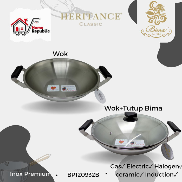 BIMA STAINLESS WOK 32CM GAGANG HITAM HERITANCE / WAJAN BP120932B 3PLY
